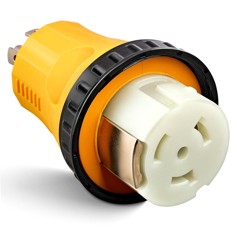 MECMO L14-30P to SS2-50R twist-lock connector for RV and marine power.