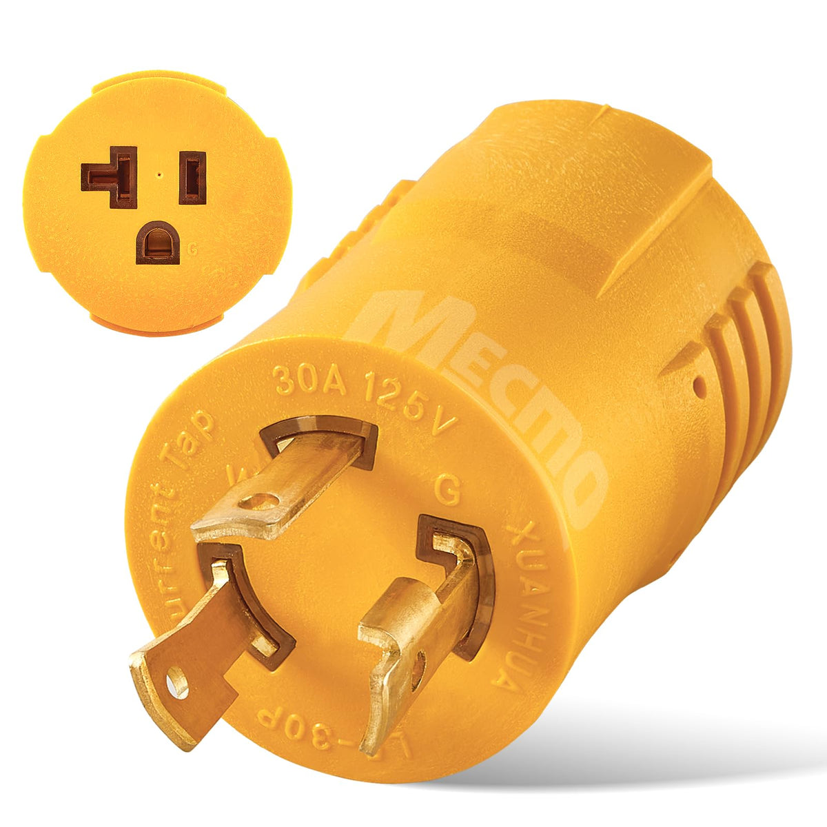 MECMO L5-30P to 5-15/20R adapter cord enables RV shore power to fit standard outlets.