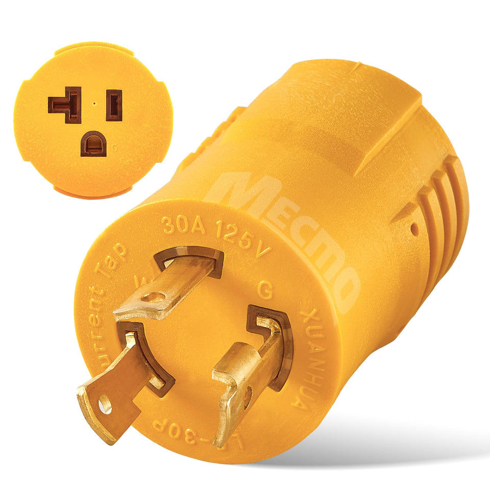 MECMO L5-30P to 5-15/20R adapter cord enables RV shore power to fit standard outlets.