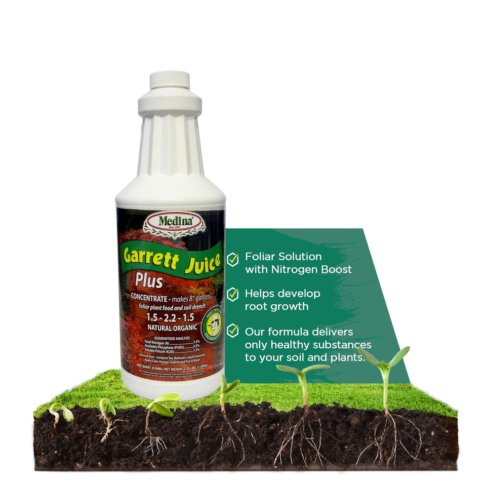 Medina Garrett Juice Plus bottle supports vibrant growth for indoor and outdoor plants.