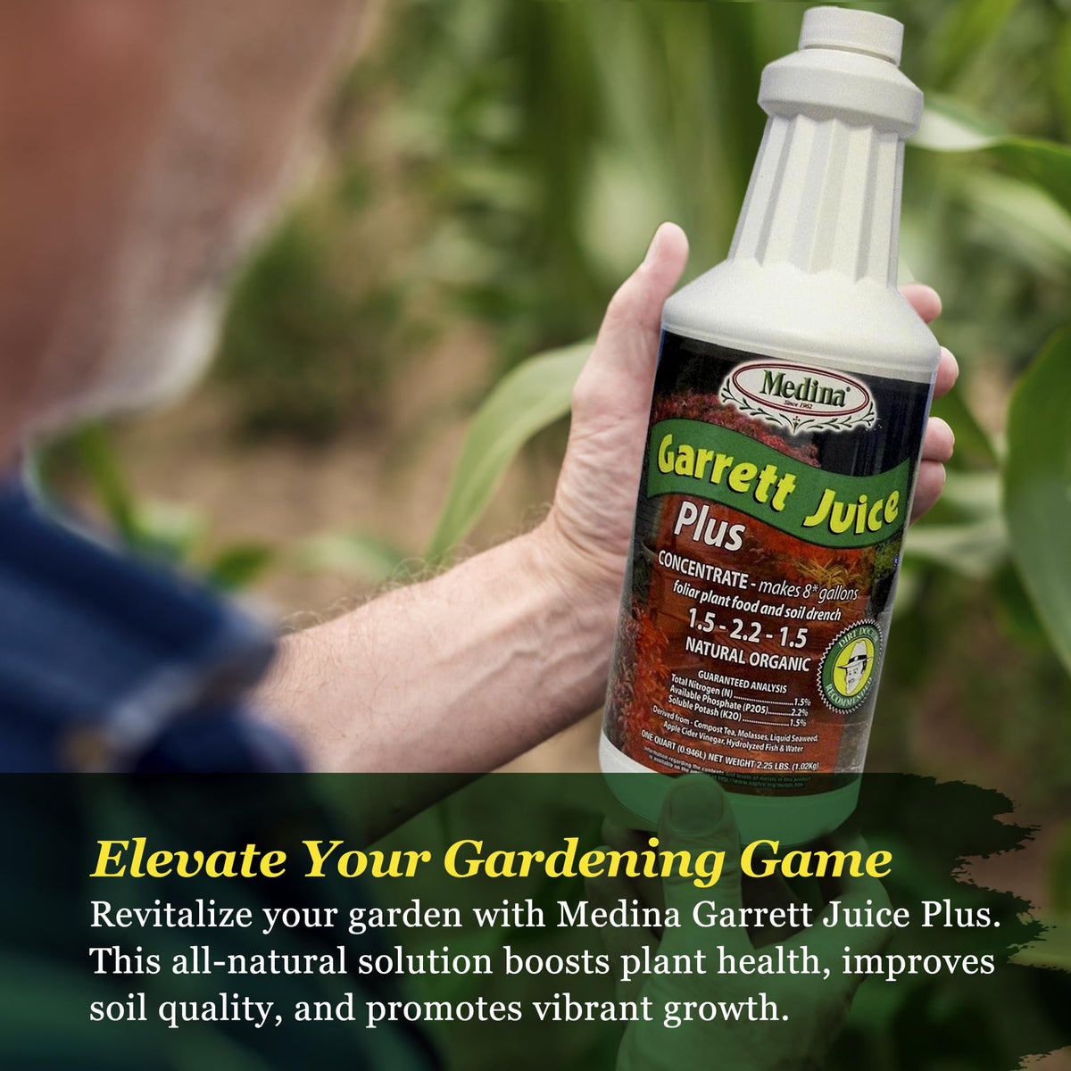 Medina Garrett Juice Plus bottle on patio for easy outdoor plant care.