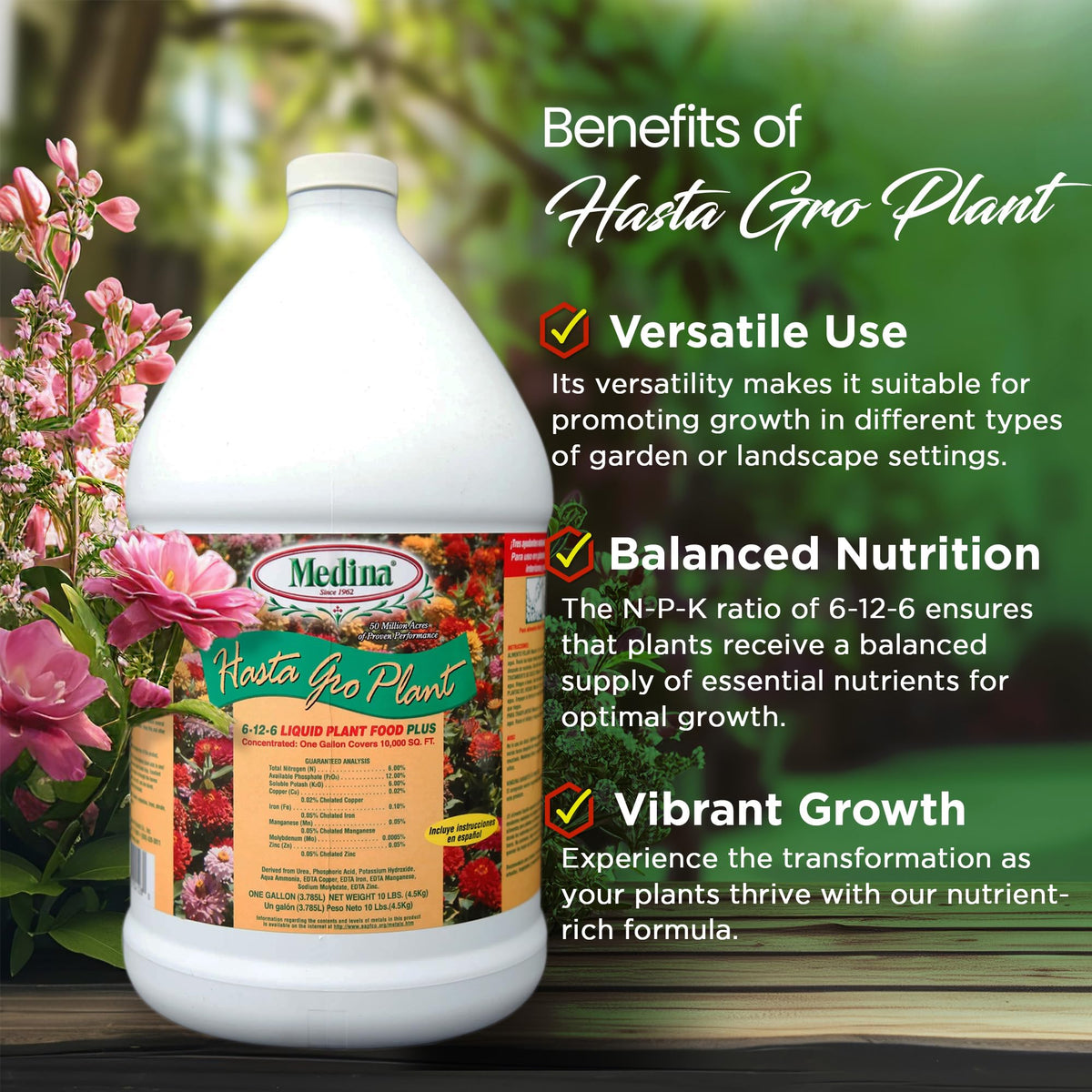 Medina HastaGro bottle pour action demonstrating ready-to-use liquid fertilizer.