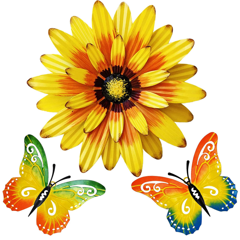 Meduofon butterfly wall art in yellow and green brightens outdoor spaces.