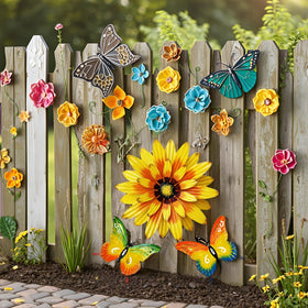 Meduofon fence wall sculpture enhances garden boundaries with whimsy.