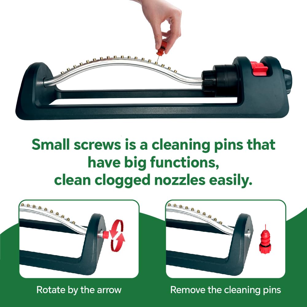 Meekamar Lawn Sprinkler includes built-in nozzle cleaner for quick maintenance