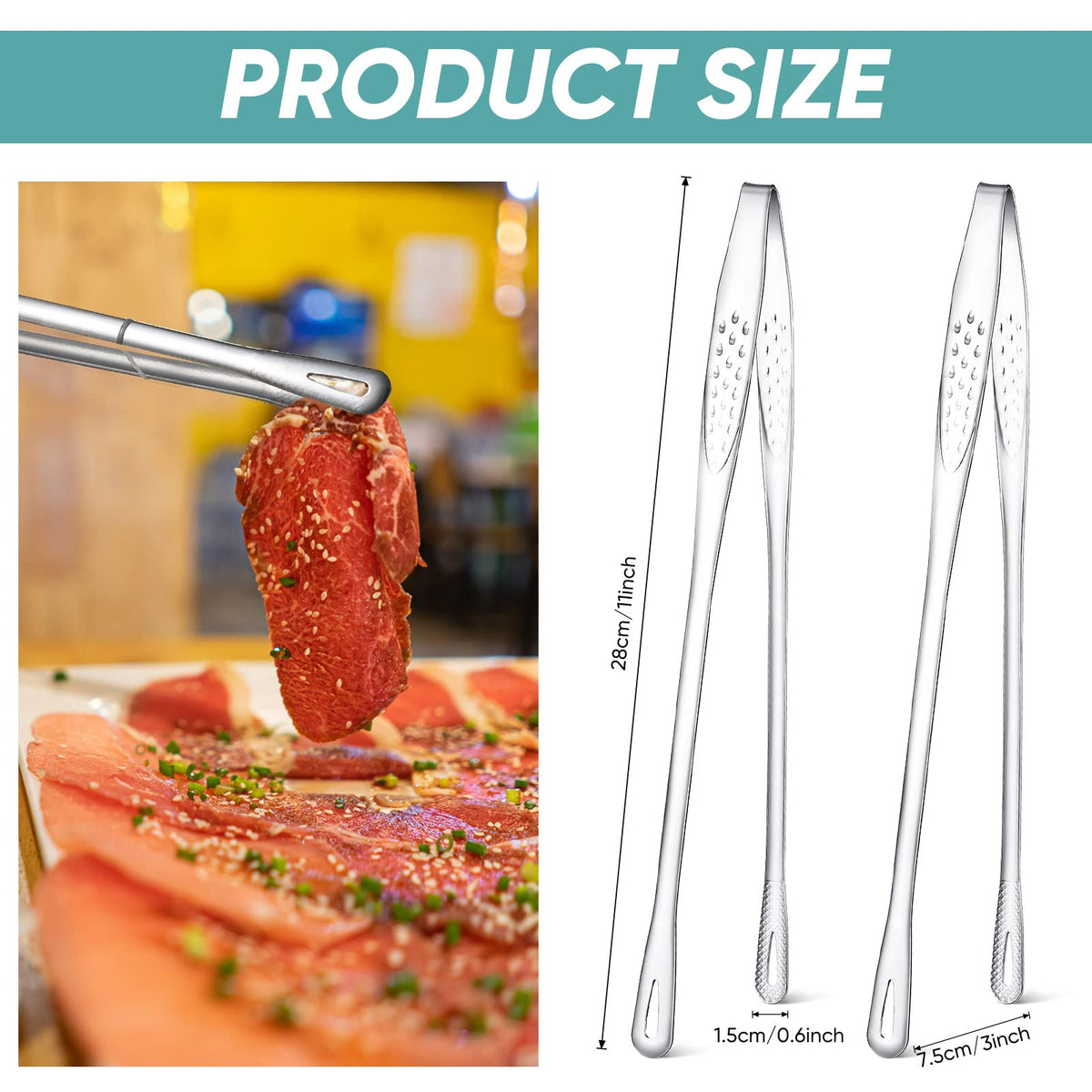 Meekoo stainless steel tongs close-up shows durable mirror finish