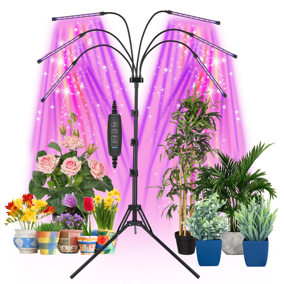 Mefflypee grow light six-head full-spectrum setup for indoor plants.
