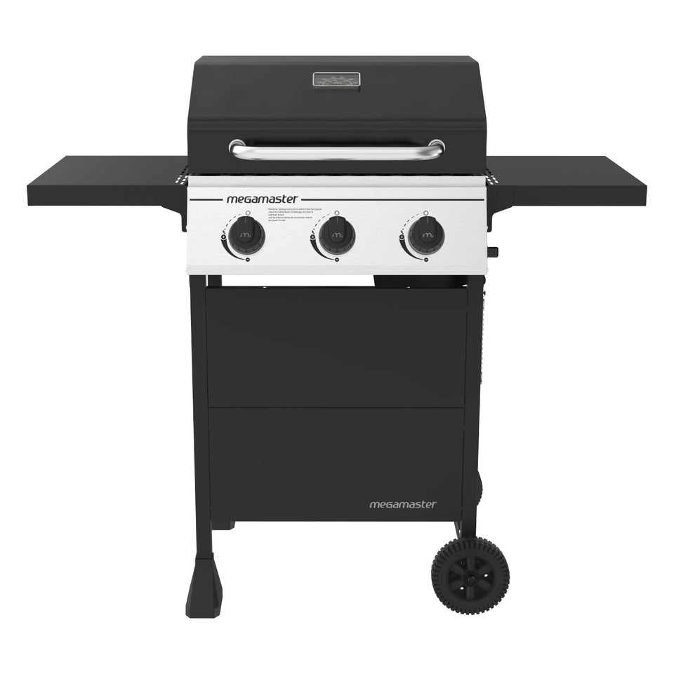 Megamaster 3-burner propane grill showcases 434 sq in cooking area for versatile cookouts.