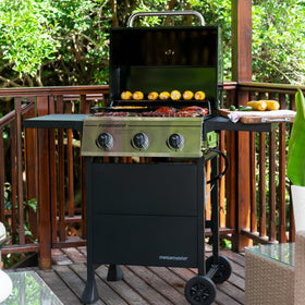 Megamaster foldable side tables and warming rack simplify prep and serving on the patio.