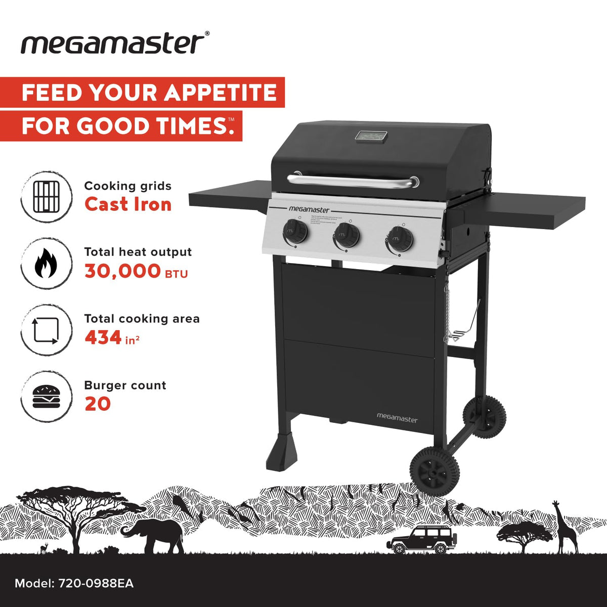 Megamaster porcelain-coated grill grates for non-stick performance and even heating.