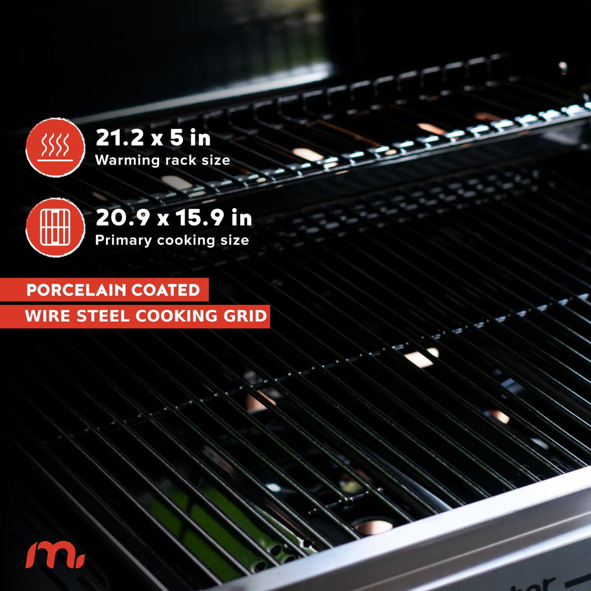 Megamaster three 10,000 BTU burners heat quickly for efficient backyard cooking.