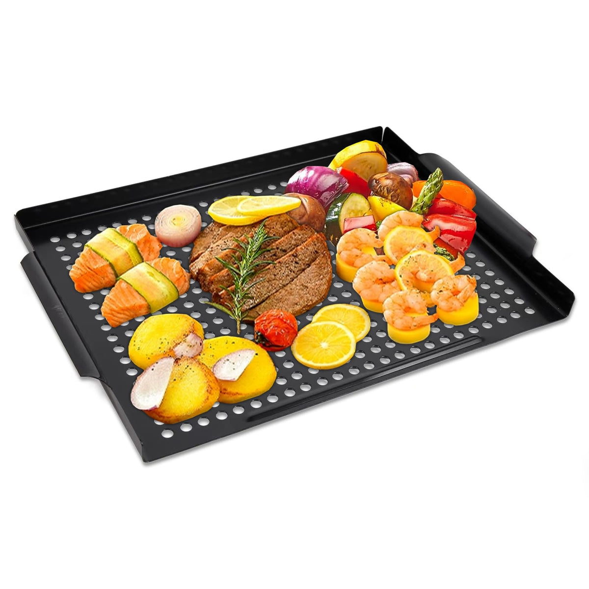 MEHE vegetable grill basket top view with roomy slots for even roasting