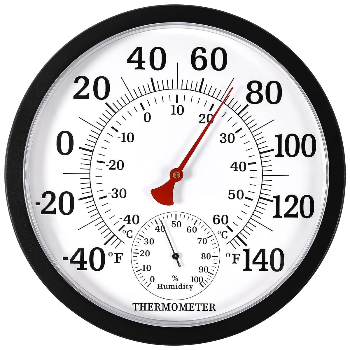 MEINV 10.5 inch thermometer and hygrometer with a clear outdoor-indoor display.