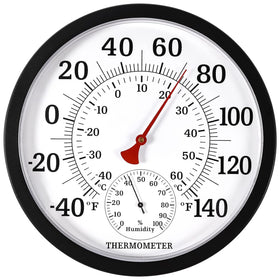 MEINV 10.5 inch thermometer and hygrometer with a clear outdoor-indoor display.