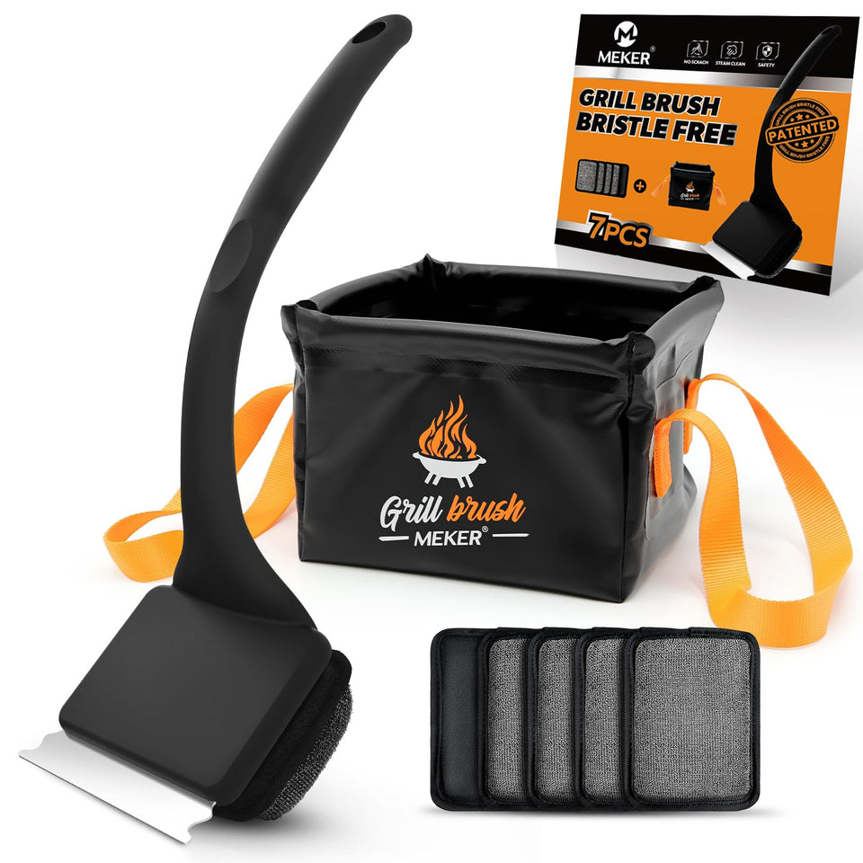 MEKER bristle-free grill brush shown for safe, thorough cleaning.