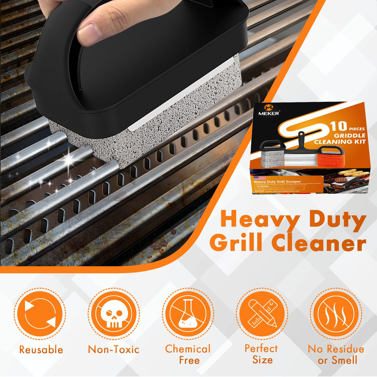 MEKER griddle-brush-with-handle cleaning a hot surface safely.