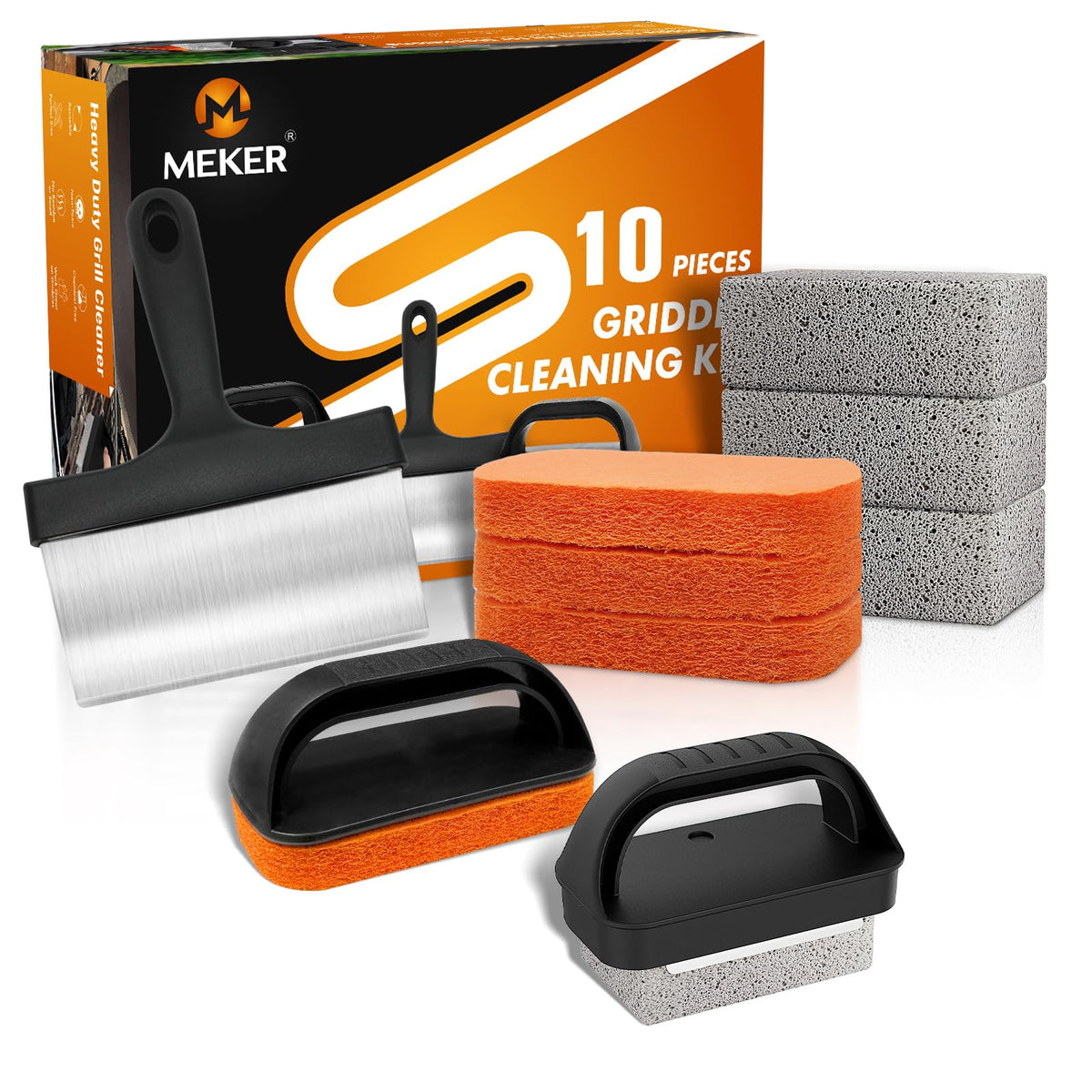MEKER griddle-scraper in action lifting burnt-on residue.