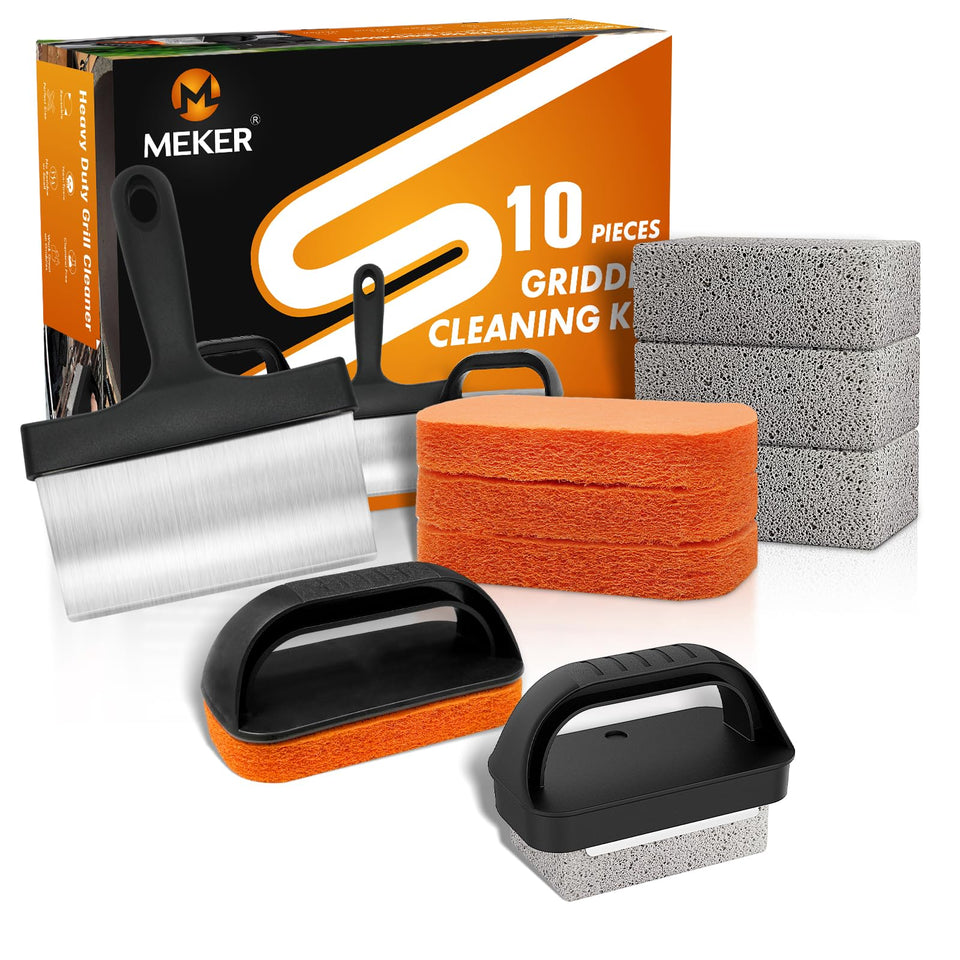 MEKER griddle-scraper in action lifting burnt-on residue.