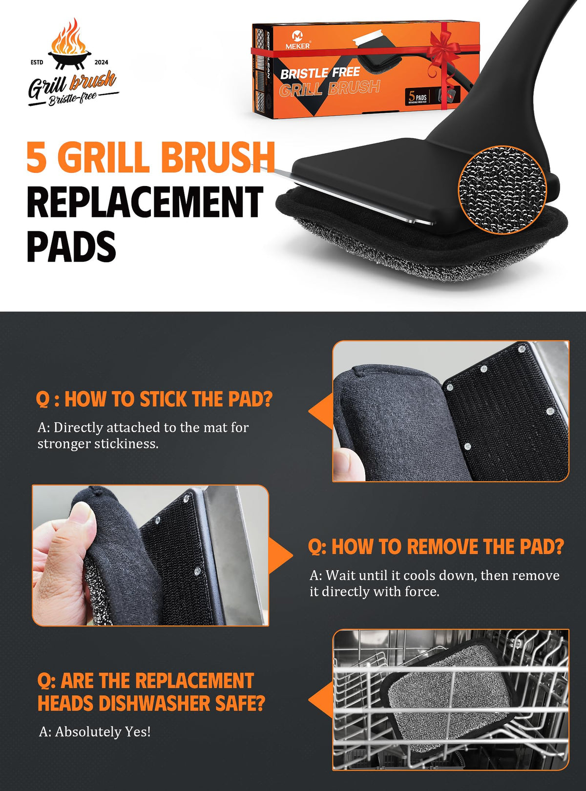 MEKER grill brush adhesion pad upgrade keeps replacement pads firmly attached.