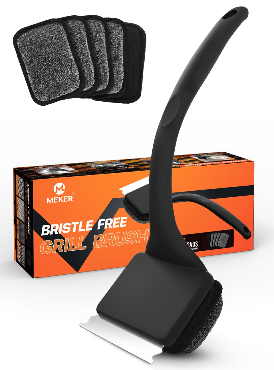 MEKER grill brush bristle-free cleans grime safely from cast iron and stainless grates.