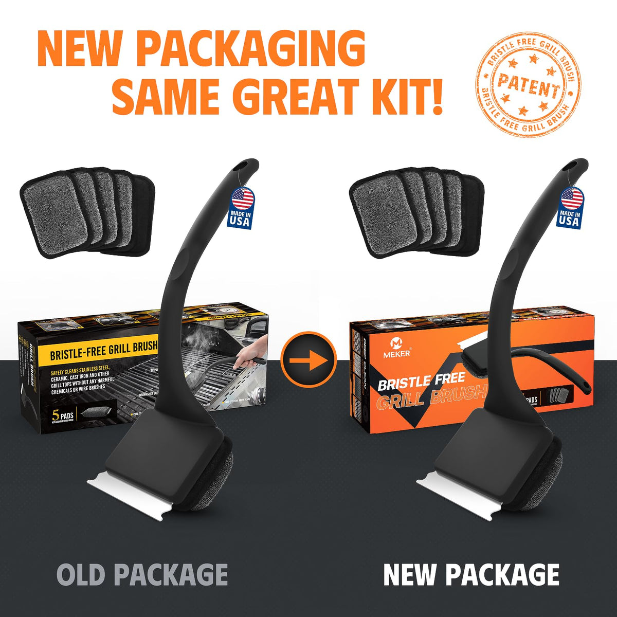 MEKER grill brush works on cast iron and stainless grates for versatile grilling.