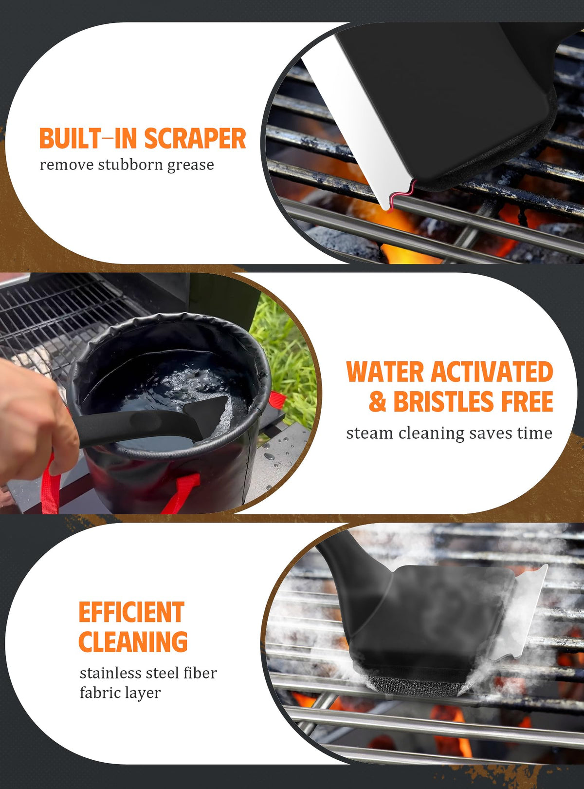MEKER grill scrubber pad with flexible steel fiber for easy cleaning.