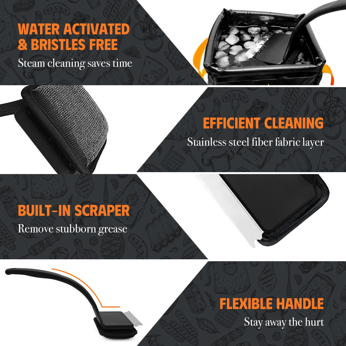 MEKER grill brush in action with water dunk for steam cleaning.