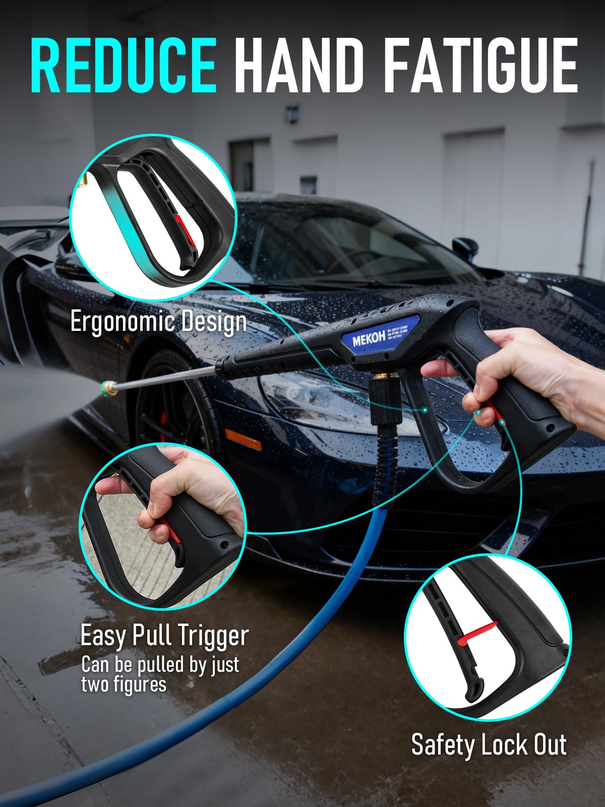 MEKOH 3600 PSI rating powers tough cleaning tasks at home.