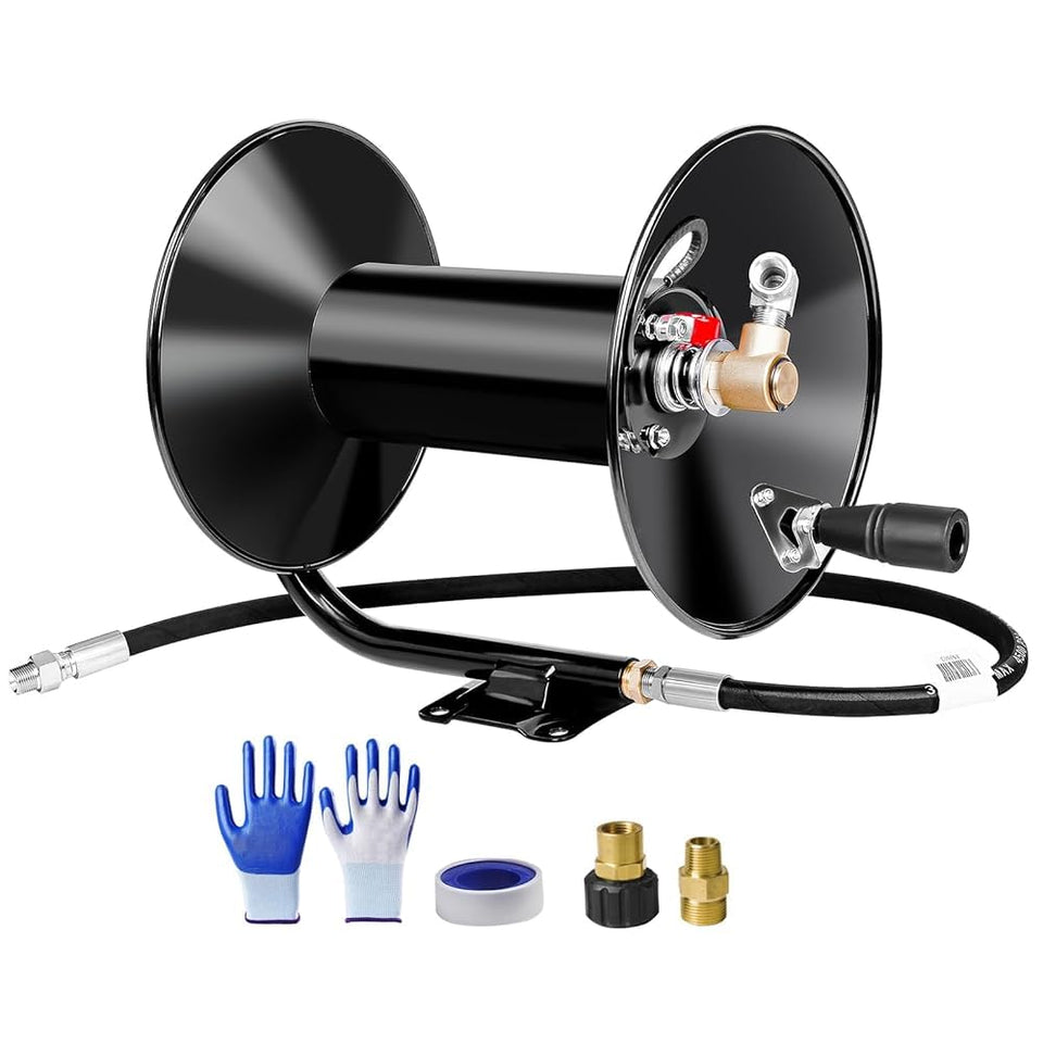MEKOH hose reel with 100ft 3/8in hose, durable steel build for heavy-duty cleaning.