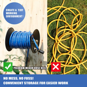 MEKOH reel shows 130ft 1/4in hose extendable reach for tight spaces.