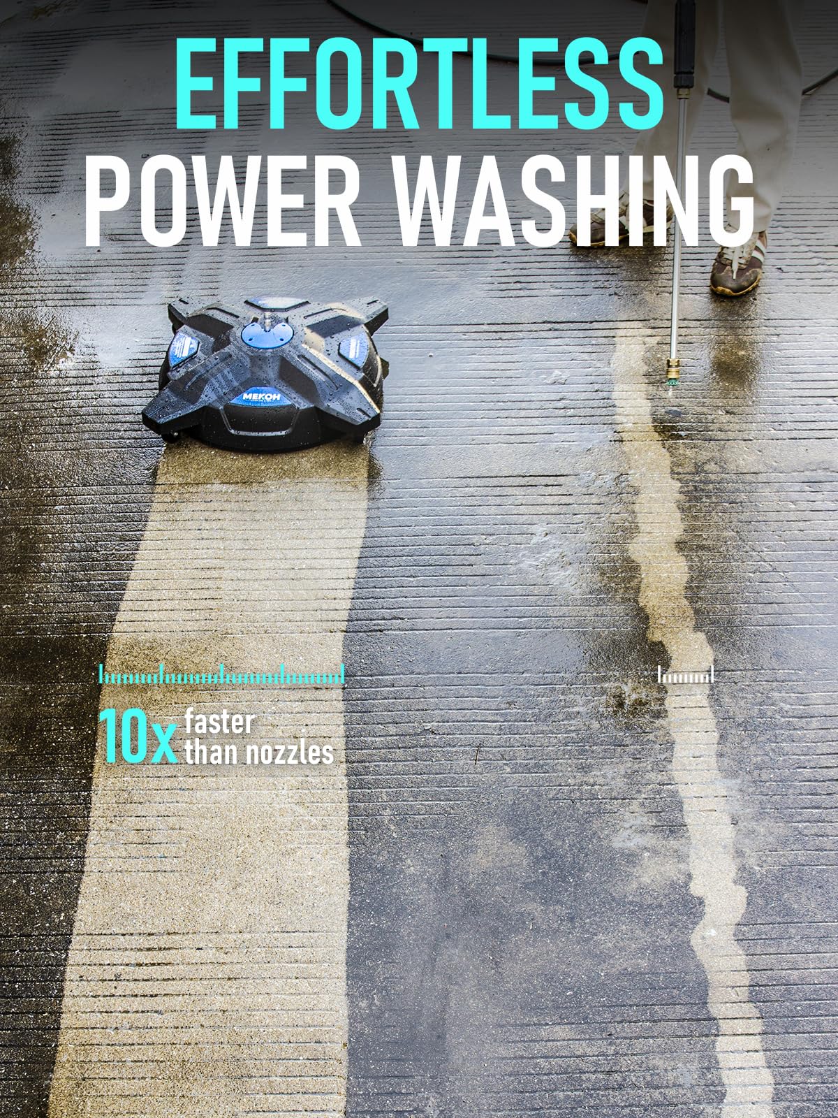 Four wheels on MEKOH cleaner ease maneuvering on concrete
