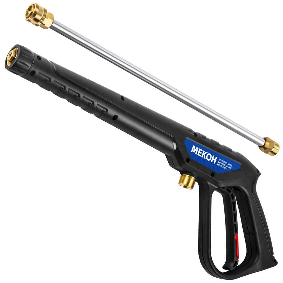 MEKOH universal pressure washer gun with stainless extension for efficient car washing.