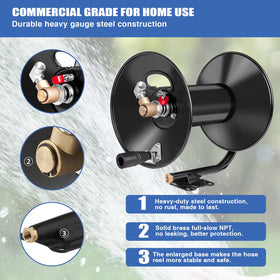 MEKOH wall-mount metal reel keeps cables organized on flat surfaces.