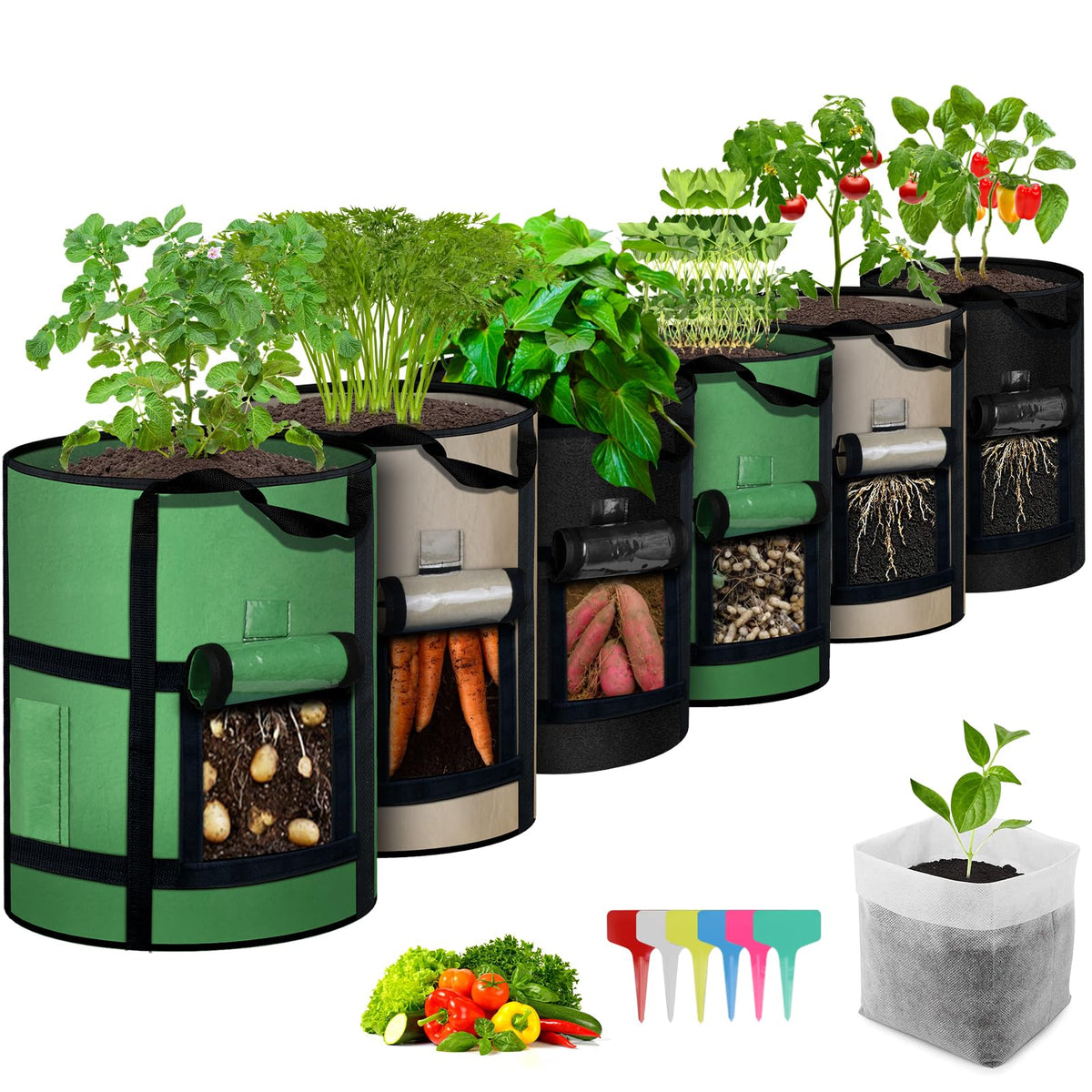 MEKOLIFE viewing window on potato grow bag showing growth without digging