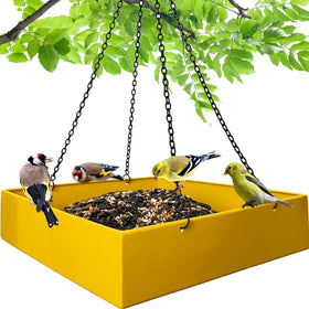 Meleave bird feeder platform outdoor yellow front view highlights durable metal and feeding area