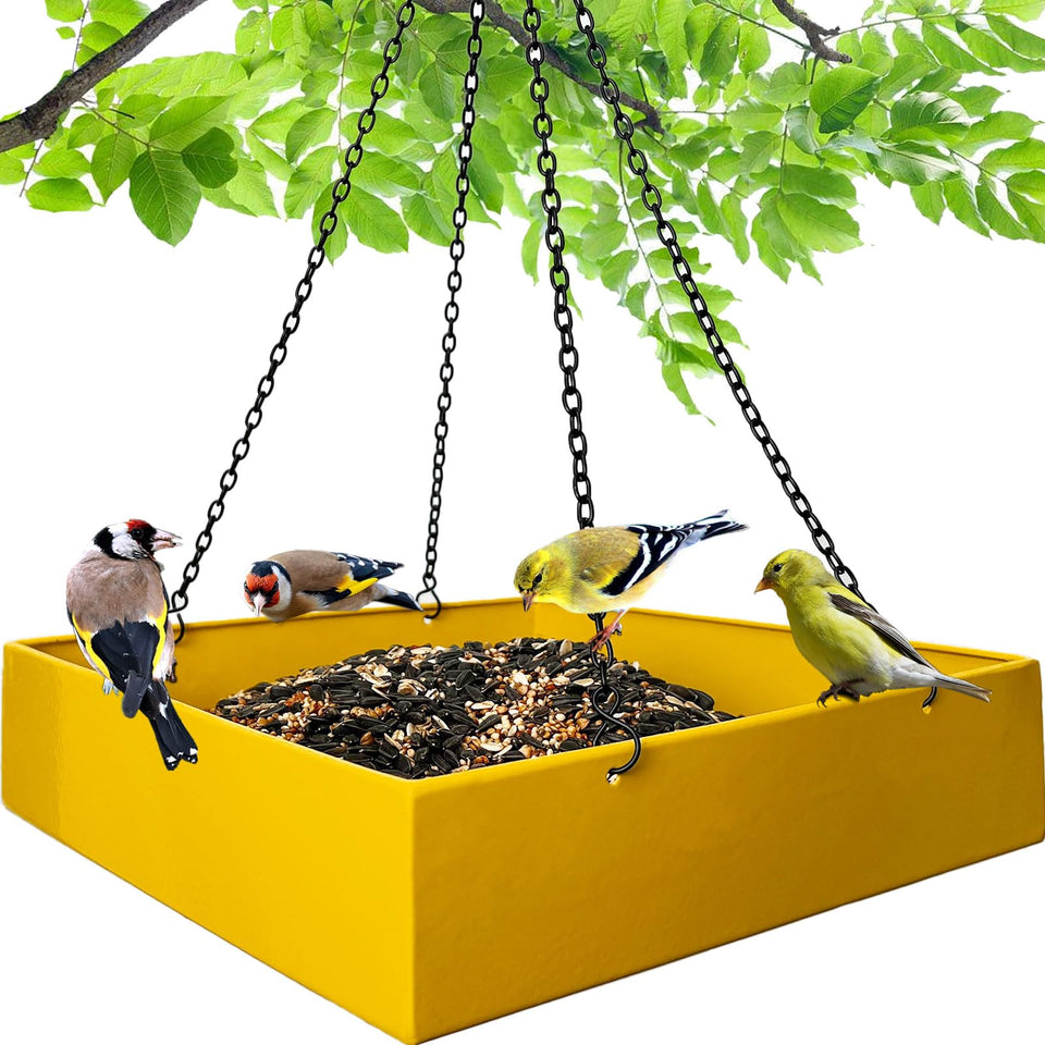 Meleave bird feeder platform outdoor yellow front view highlights durable metal and feeding area