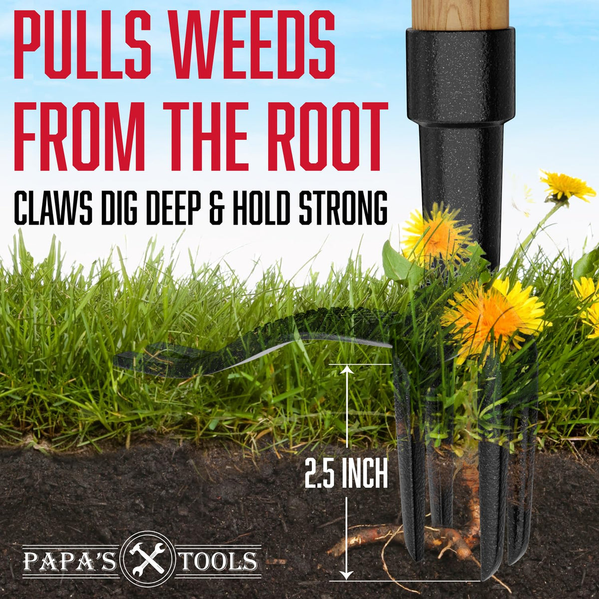 Melissa and Harry Papa's Tools bamboo handle for durable, comfortable weed pulling.