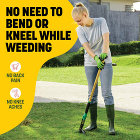 Long wooden handle provides comfortable reach and reduces bending during weeding sessions.