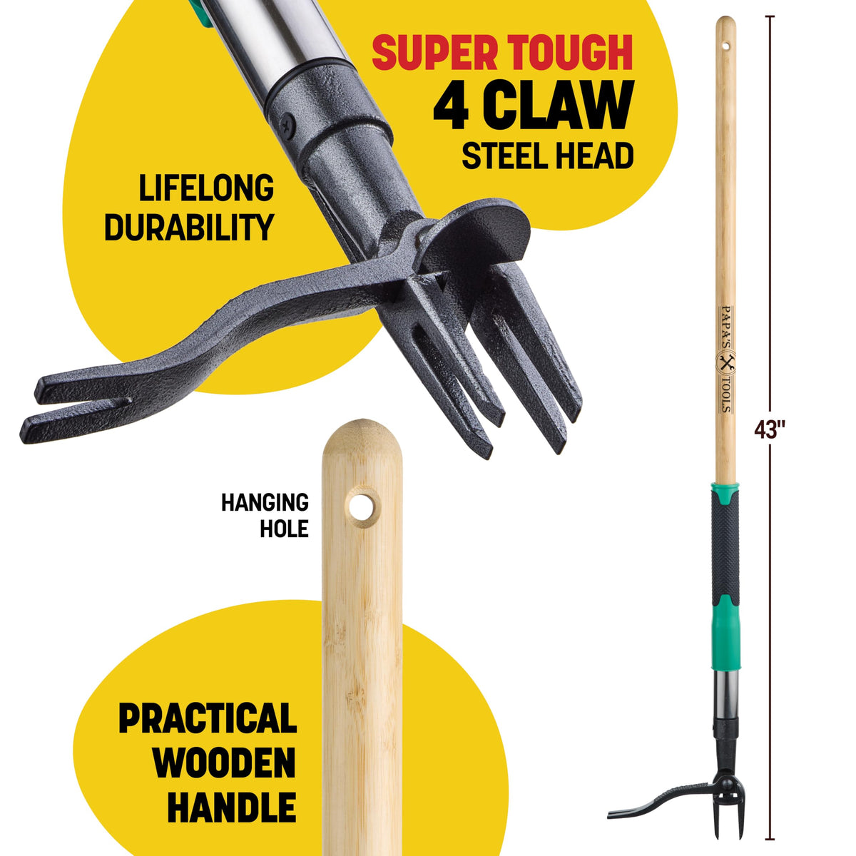 Heavy-duty 4-claw head tackles thick roots and compacted soil with reliable grip.