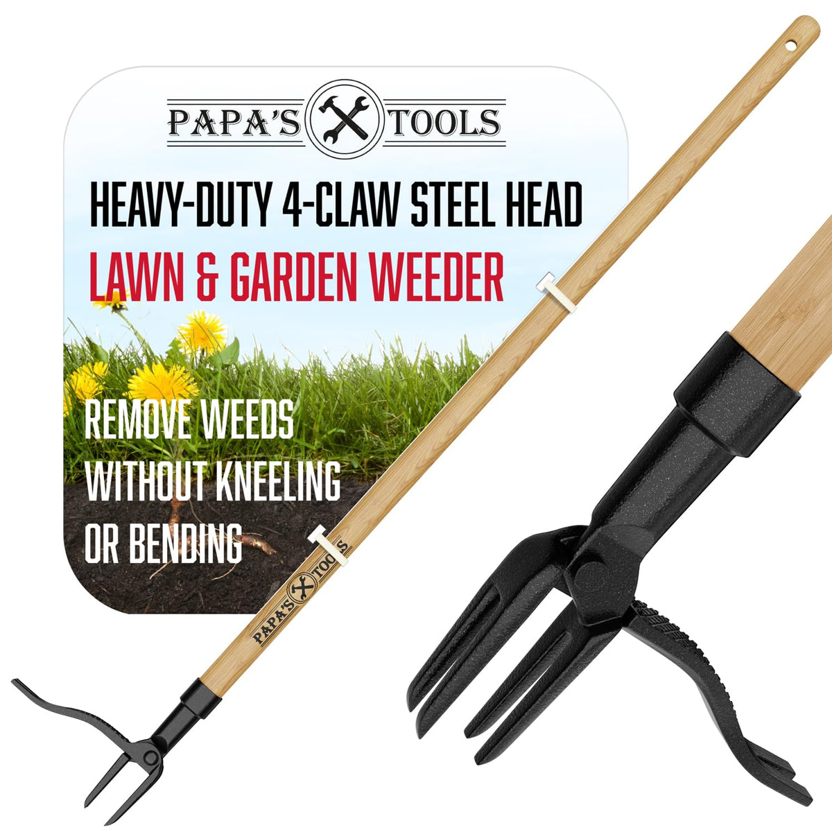 Melissa and Harry Papa's Tools long-handle weed remover for easy lawn care.