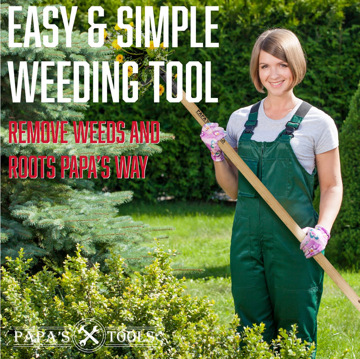 Melissa and Harry Papa's Tools weed extractor pulls weeds cleanly from soil.