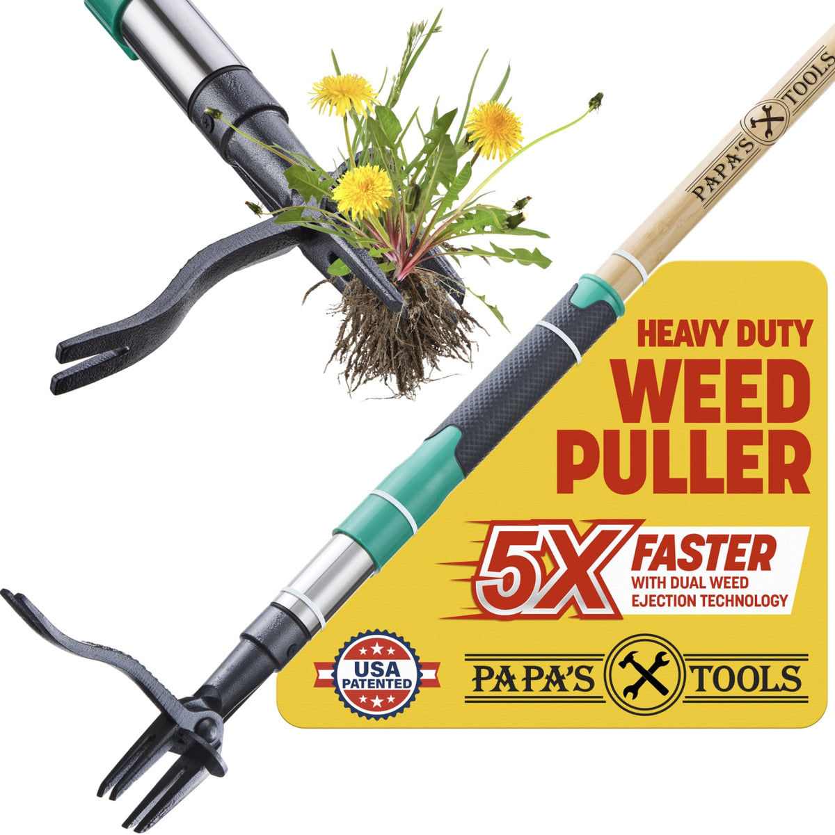 Melissa and Harry Papa's Tools weed puller with bamboo handle enables easy garden weeding.