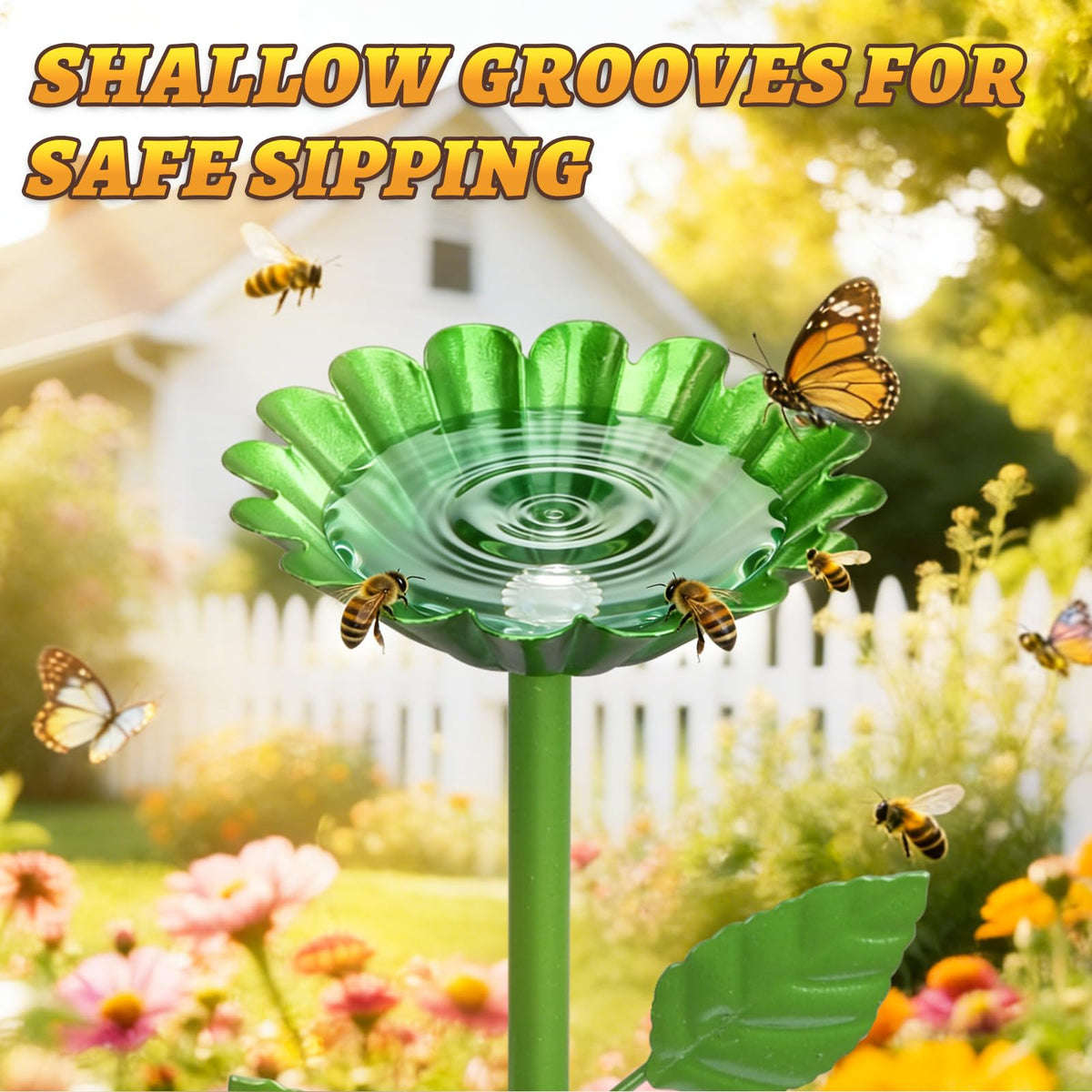 Mellbree bee watering station blue flower draws butterflies and supports healthy pollination in gardens.