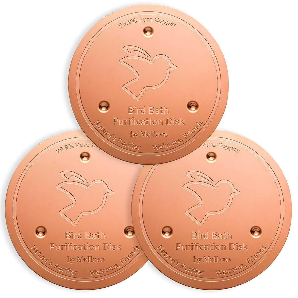 Mellbree copper disk closeup highlights premium material for clearer bird bath water
