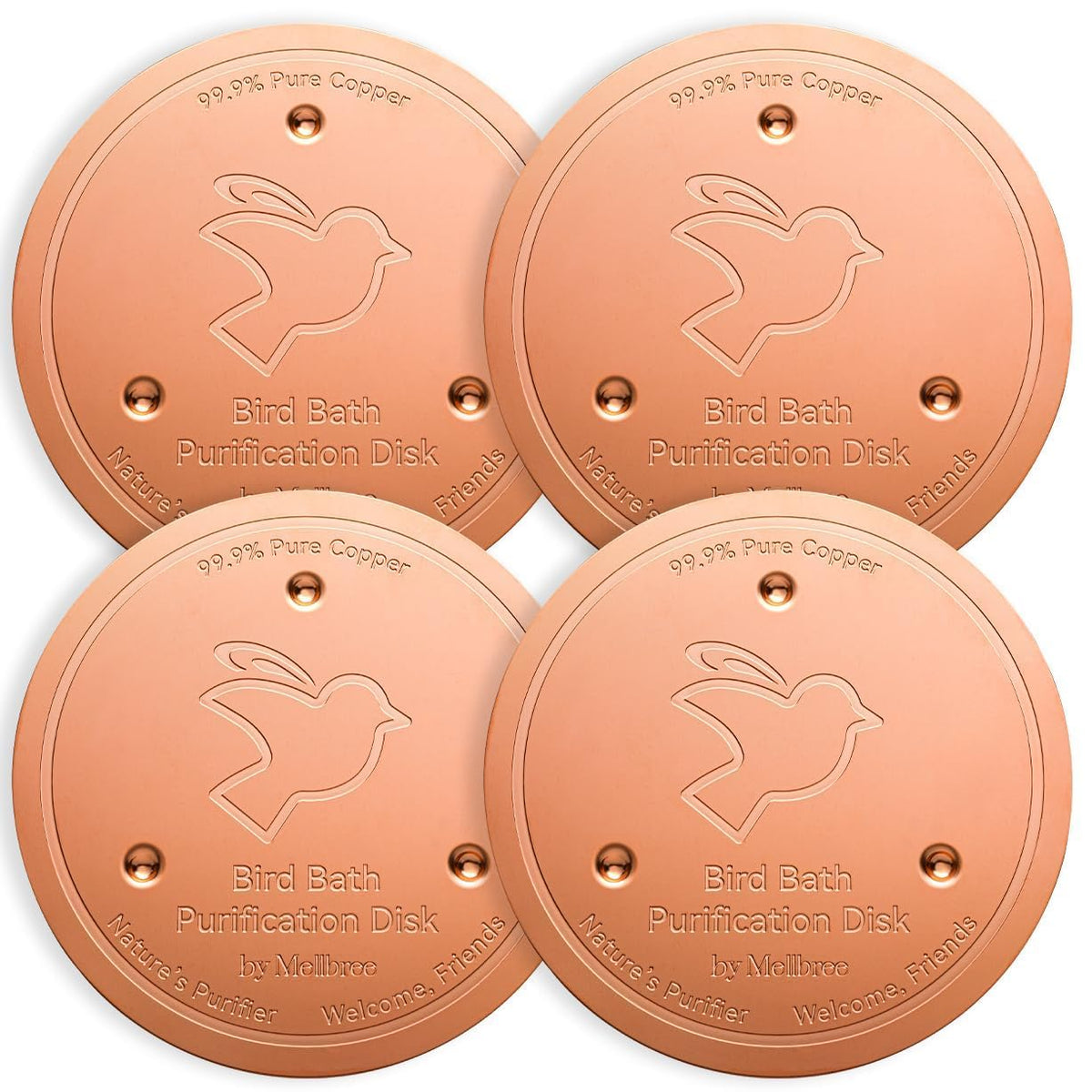 Mellbree copper disc four-pack ready for use in bird baths, copper-powered water care.
