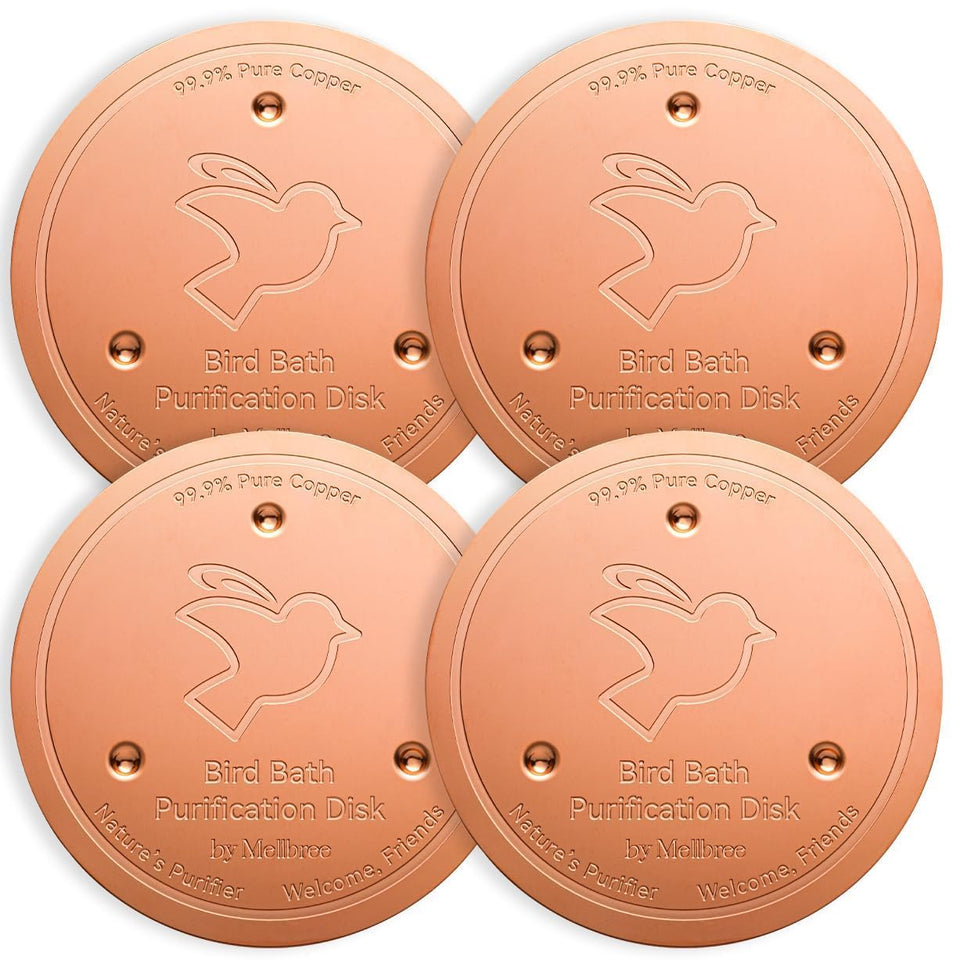 Mellbree copper disc four-pack ready for use in bird baths, copper-powered water care.