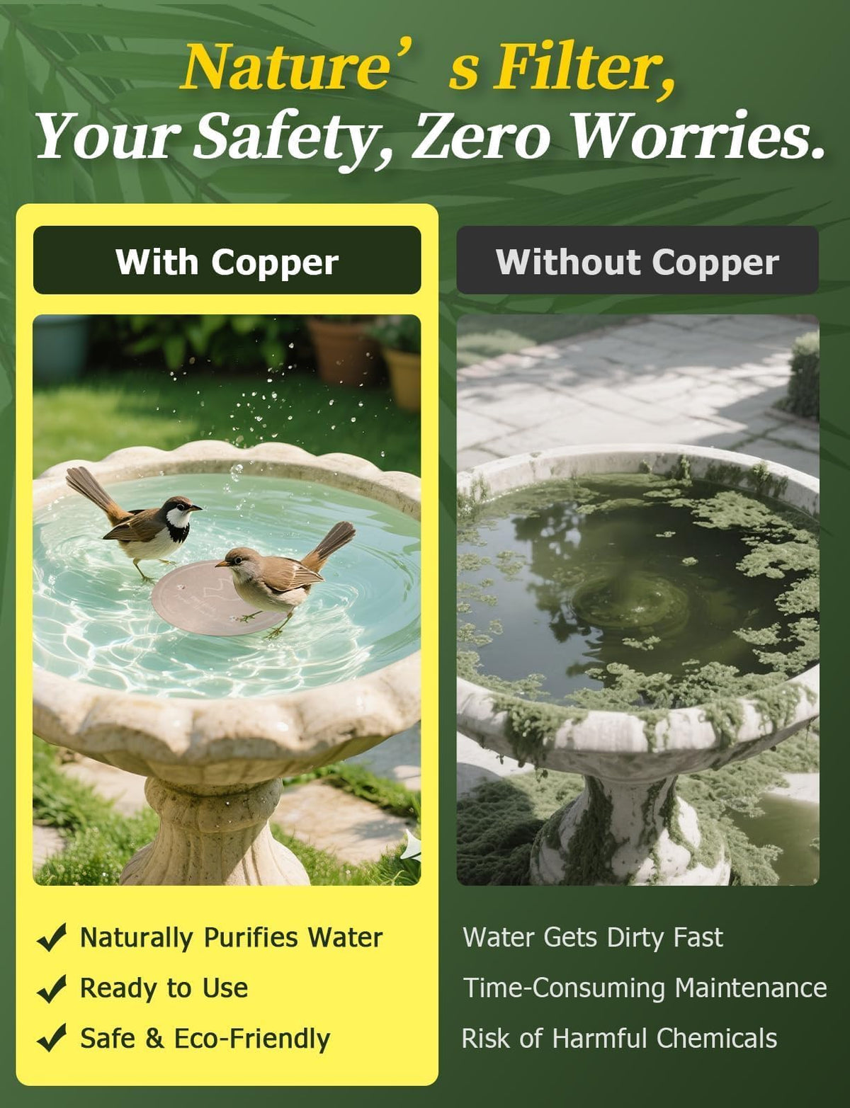 Mellbree copper disk in a bird bath promotes longer cleaning intervals