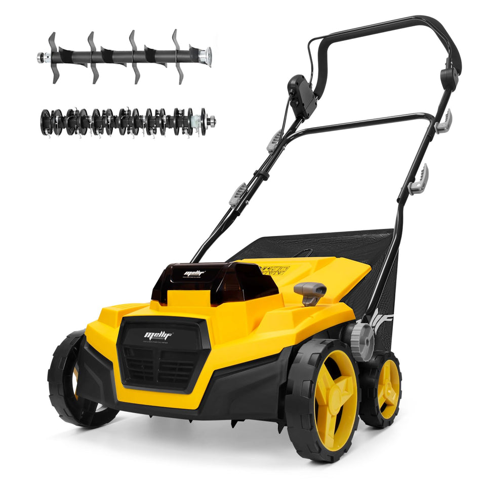 Mellif 40V scarifier-dethatcher 15in clears thatch for healthier turf.