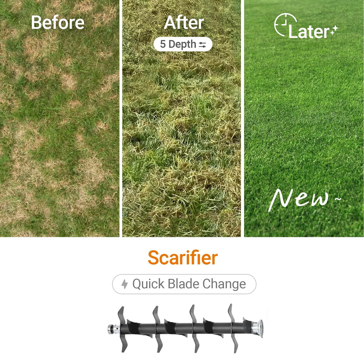 Mellif five-depth settings for precise dethatching and aeration.
