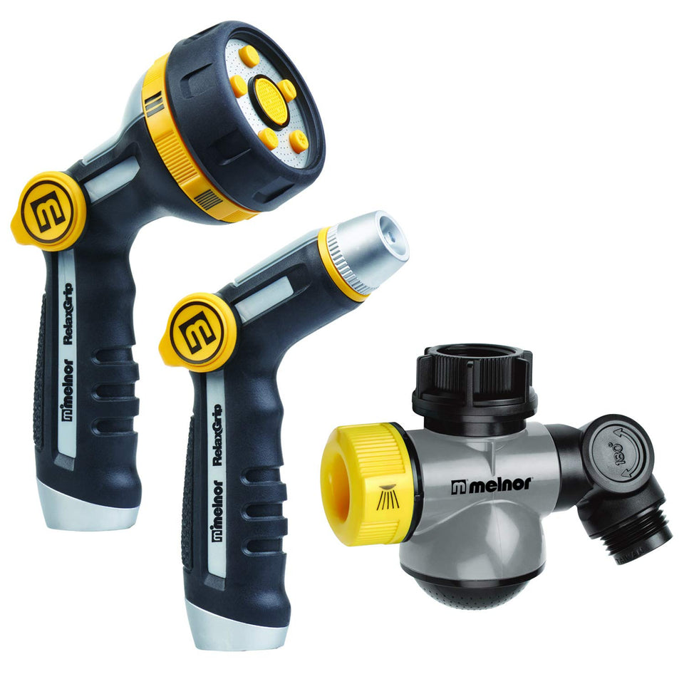 Melnor Relaxgrip nozzle with versatile 5-pattern settings for efficient watering.